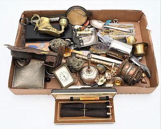 Tray Lot of Assorted Items, to include iron lock, cross pens, brass and glass miniature carriage clock, letter openers, brass foot candlestick, etc.