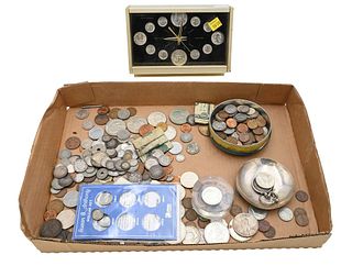 Coin Lot, to include American silver dollars, two morgan, two peace, several half dollars, quarters, along with clock having 1964 silver and Canadian 