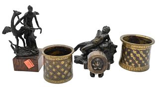 Tray Lot, to include three bronze figures, along with two Middle Eastern cups