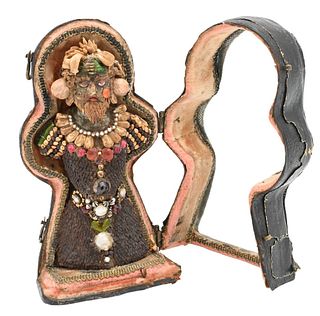 Curiosity Figure Seed Man, having wax core mounted with seeds, beetle abdomen, pearls, and jewels in fitted leather case, having glass front, 16th/17