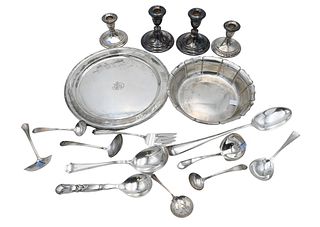 Sterling Silver Lot, to include Tiffany and Company round tray, Georg Jensen serving spoon, flatware, bowl and weighted candlesticks, 57.8 t.oz plus w