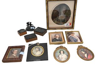 Tray Lot, to include group of four mini portraits, to include one attributed to Jeremiah Meyer (1735 - 1789), watercolor, woman wearing a burgundy col
