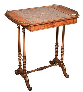 George IV Mahogany Table, having hand painted scenes under glass and one drawer with gilt highlights, height 29 inches, top 21" x 28".
