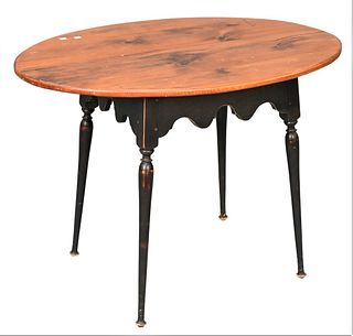 James Dew and Son Queen Anne Style Tea Table, having oval top with D.R. Dimes base, height 28 1/2 inches, top 28 1/2" x 39".