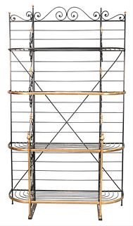 Iron and Brass Trimmed Bakers Rack, one small finial missing, height 85 inches, width 48 1/2 inches, depth 17 inches.