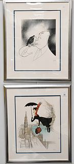 Two Al Hirschfeld Lithographs, to include Mary Poppins flying over London, pencil signed and numbered 53/150, along with Alfred Hitchcock directing th
