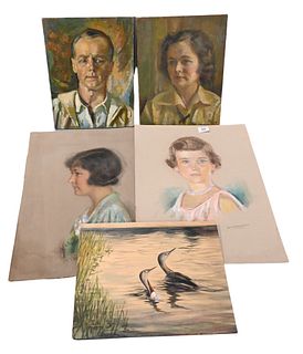 Five Unframed Paintings, to include four F. Richardson Murray (20th century), two oil on board portraits, two pastel on cardboard portraits, along wit