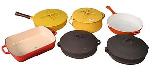 Six Pieces of Mid Century Cookware, to include Dansk enameled double spout pan, covered double handled pot, covered pan, two Dansk covered casseroles,