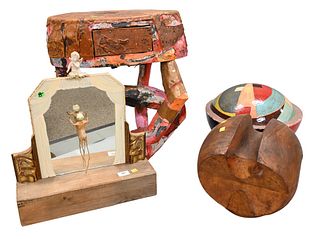 Four Piece Modern Art Sculpture Group, to include leather bound and painted stand, solid bowl form sculpture, carved sculpture, and a decorative fairy