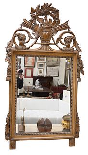 French Style Contemporary Mirror, having carved bird and wreath pediment; glass 23 1/4" x 33 1/2"; overall 33" x 62 1/2".