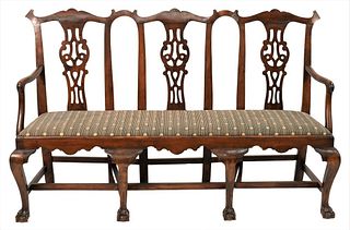 Three Piece Set, to include triple chair back settee along with pair of side chairs, all with pierced carved backs with slip seat 
all on cabriole leg