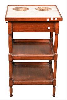 Mahogany French Stand, having marble top with two lead lined inserts, over two tiers of shelving, height 29 inches, top 18" x 18.
