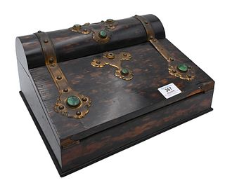 George Betjemann and Sons Travel Lap Desk, coromandel wood case with brass mounts and malachite jewels, velvet interior, as is, width 12 3/4 inches.