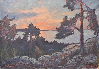 F. Gard, tonalist landscape, waters edge, oil on canvas, signed lower right F. Gard, 26" x 36 1/2".
