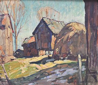 William Lester Sevens (1888 - 1969), farm landscape with barn and haystack, oil on board, signed lower right W Lester Stevens, 14" x 15 1/2".