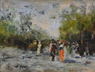 Gabriel Spat (1890 - 1967), "Pique-nique au bois de Boulogne" Paris, oil on canvas board, signed lower left, original label on back, Skinner number 21