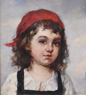 Richard Creifelds (American, 1853 - 1939), Young Farm Girl, oil on panel, signed lower right, 7 1/2" x 7 1/4". 
Provenance: Matthes-Theriault Collecti