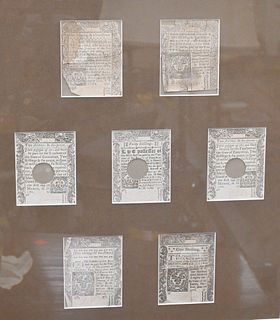 Seven Framed Connecticut Shillings, to include 1776 and 1780, three punched with holes, sight size 15 1/2" x 13 1/2".
