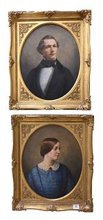 Three Portraits, to include pair of oval wedding portraits in gold frames, along with a large portrait of a woman wearing black, 19th century, wedding