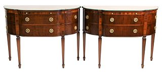 Pair of Gerte Custom Mahogany Servers, having banded inlaid shaped tops, with two drawers flanked by bow end doors and fitted glass tops, top having l