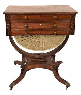 Federal Mahogany Center/Work Table, having three drawers, three false drawers, along with a bag drawer on base set on quadrant base ending in brass pa