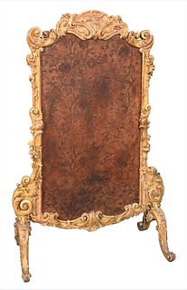 Louis XV Style Gilt Fire Screen, having embossed painted leather insert, height 49 1/2 inches, width 32 inches.