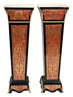 Pair of Contemporary Boulle Style Pedestals, having marble tops and brass mounts, height 49 inches, top 16" x 16".