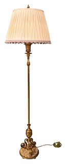 Brass Floor Lamp, having silk shade and marble base, height 60 inches.