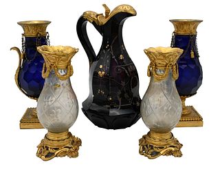 Five Piece Group, to include pair of Louis XVI gilt bronze and clear cut glass vases, pair of cobalt blue glass vases with gilt bronze mounts and a gi