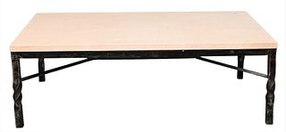 Contemporary Coffee Table, having iron base and marble top, height 16 inches, top 28" x 48".