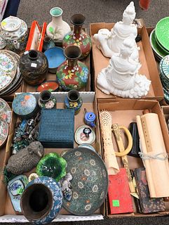 Four Tray Lots, to include assorted Asian items, cloisonne, two white porcelain figures on elephants, bronze mixed metal vase, etc.