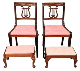 Four Piece Lot of Custom Margolis Mahogany, to include pair of Duncan Phyfe style chairs and pair of foot stools, both chairs and stool signed.