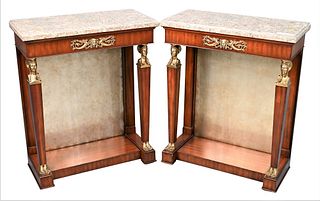 Pair of Maitland Smith Marble Top Pier Tables, having dulled mirror backs, height 33 1/2 inches, top 13" x 28".