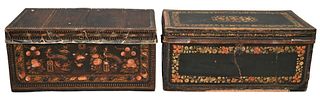Two Camphor Wood Lift Top Chests, brass bound with painted leather, height 18 3/4 inches, top 21" x 40".