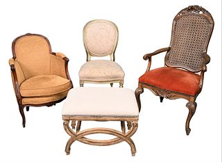 Four Piece Lot, to include two armchairs, one custom upholstered side chair, along with a Japanese side table.