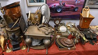 Large Group of Metal Items, to include copper coal hod, brass trivet, brass bucket, iron napoleon figure, middle eastern trays and plates, victorian b