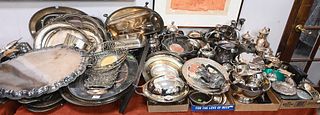 Table Lot of Silverplate, to include tea set, platters, compotes, flatware, large serving trays, etc.
