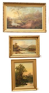 Three Piece Lot of Framed Pieces, to include W. Stone Jr, Lakeside cottage, oil on canvas; E. Clark mountainous landscape, oil on board; along with la