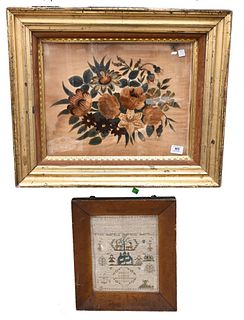 Two Framed Pieces, to include folk art still life of flowers, signed Eunice Lower; needle point school sampler, signed Samples Lewes; still life 16" x