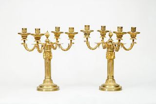Pair of Louis XVI Style Gilt-Metal Four-Light Candelabra