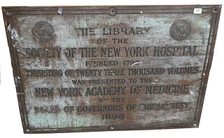 Gorham Bronze Enameled Plaque, The Library of the Society of the New York Hospital, founded 1796, consisting of twenty three thousand volumes, was pre