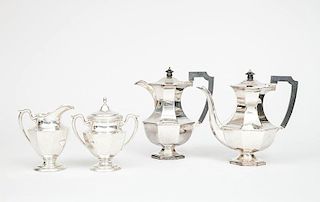 Fisher Silver Octagonal Urn-Form Creamer and Sugar Bowl and Cover, and Two Matching English Silver-Plate Coffee Pots