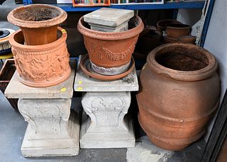 Large Outdoor Pottery Grouping, to include pair of cement pedestals along with various size planters, pedestals height 20 inches.