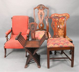 Nine Piece Furniture Lot, to include a needlepoint side chair, two side tables, two floor lamps, an upholstered arm chair, along with three miscellane