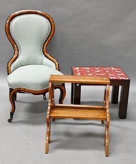 Three Piece Lot, to include a Victorian side chair having shaped back, a tile top side table, along with a set of stairs.