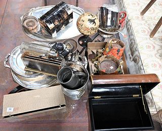 Group of Silverplate and Metal Items, to include three large serving trays, chargers, door handles and knobs, leather box, horn box, along with a leat