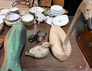 Group of Carved and painted Wood Decoys, to include a large carved wood swan with glass eyes, unsigned, after Richard Connolly; three duck decoys; alo