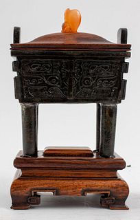 Chinese Bronze Censer Fang Ding with Wood Lid