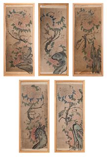 Set of Five Chinese Bird and Branch Paintings