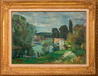 Andre Planson Oil on Canvas River Scene Painting